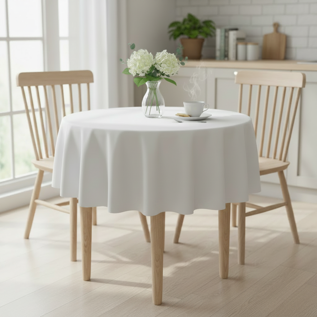 White Square tablecloth on a small kitchen table with turned wooden legs in a bright cosy UK home setting with flowers and tea