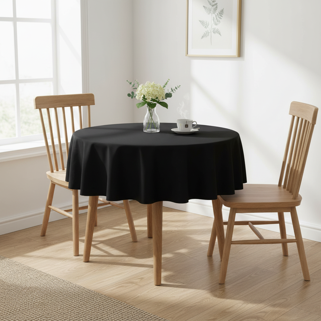 Black Square tablecloth on a small kitchen table with turned wooden legs in a bright cosy UK home setting with flowers and tea