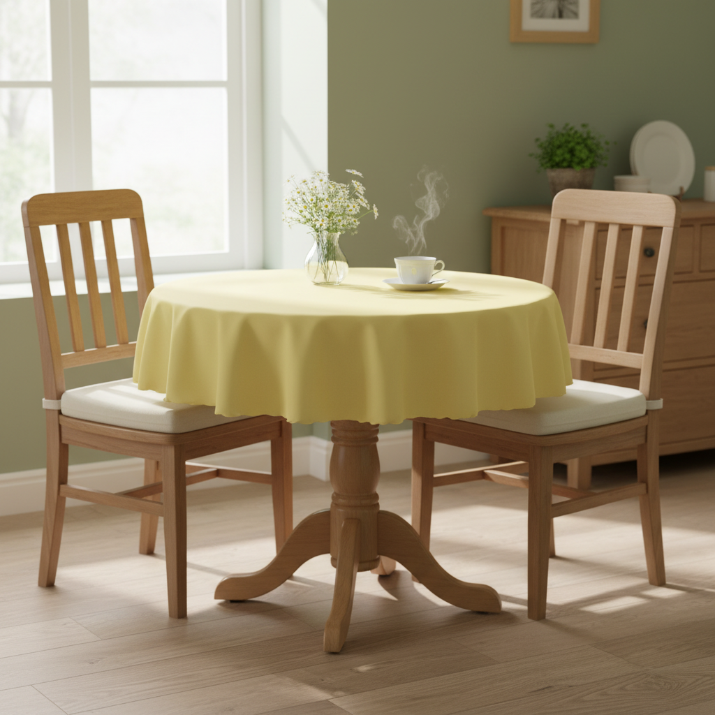 Lemon yellow Square tablecloth on a small kitchen table with turned wooden legs in a bright cosy UK home setting with flowers and tea