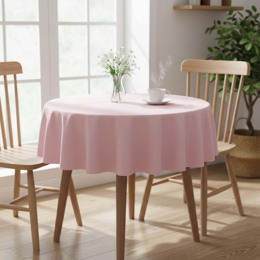 Baby pink Square tablecloth on a small kitchen table with turned wooden legs in a bright cosy UK home setting with flowers and tea