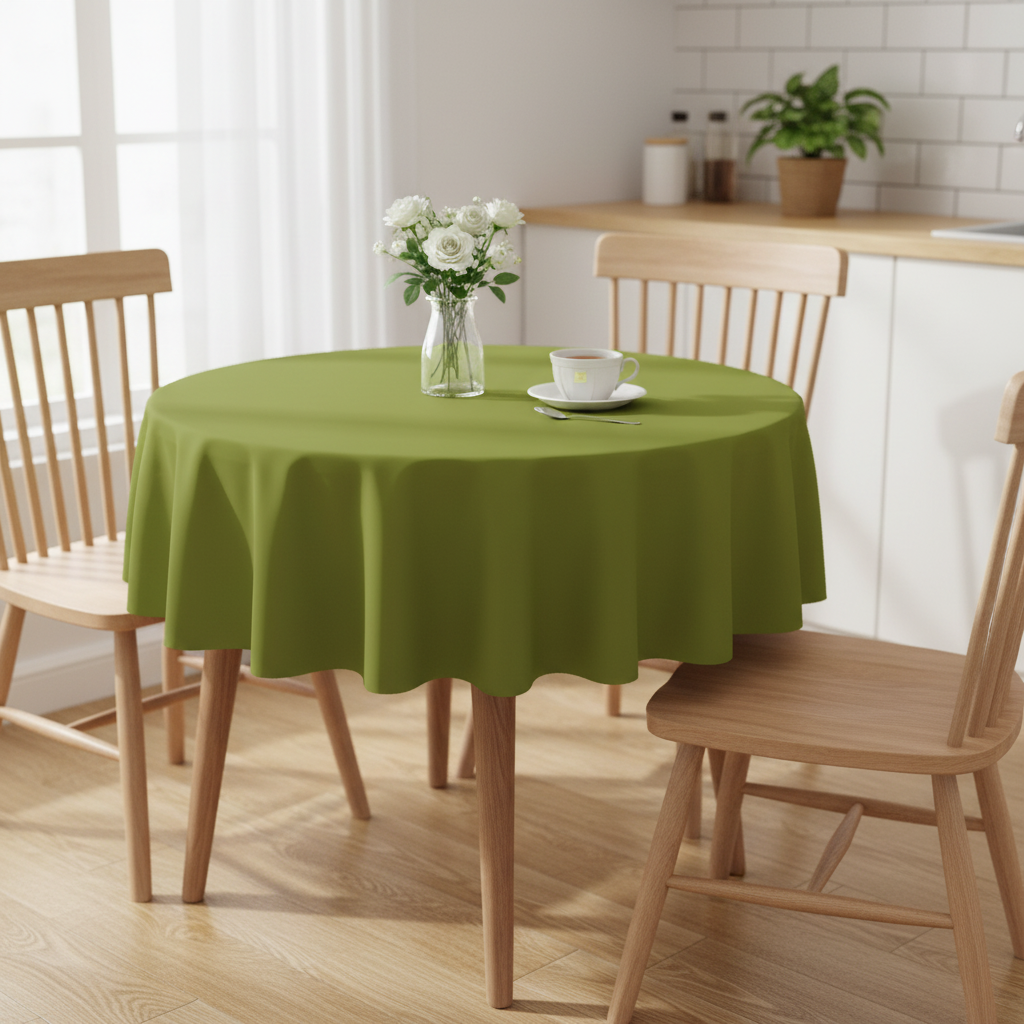 Bright olive green Square tablecloth on a small kitchen table with turned wooden legs in a bright cosy UK home setting with flowers and tea
