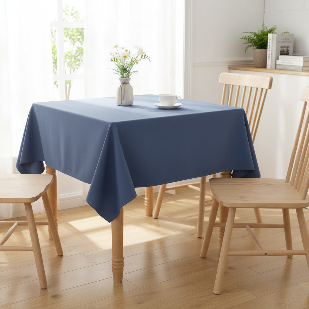 Airforce blue square tablecloth on a small square kitchen table with simple wooden dining chairs in a bright cosy UK home setting with flowers and tea