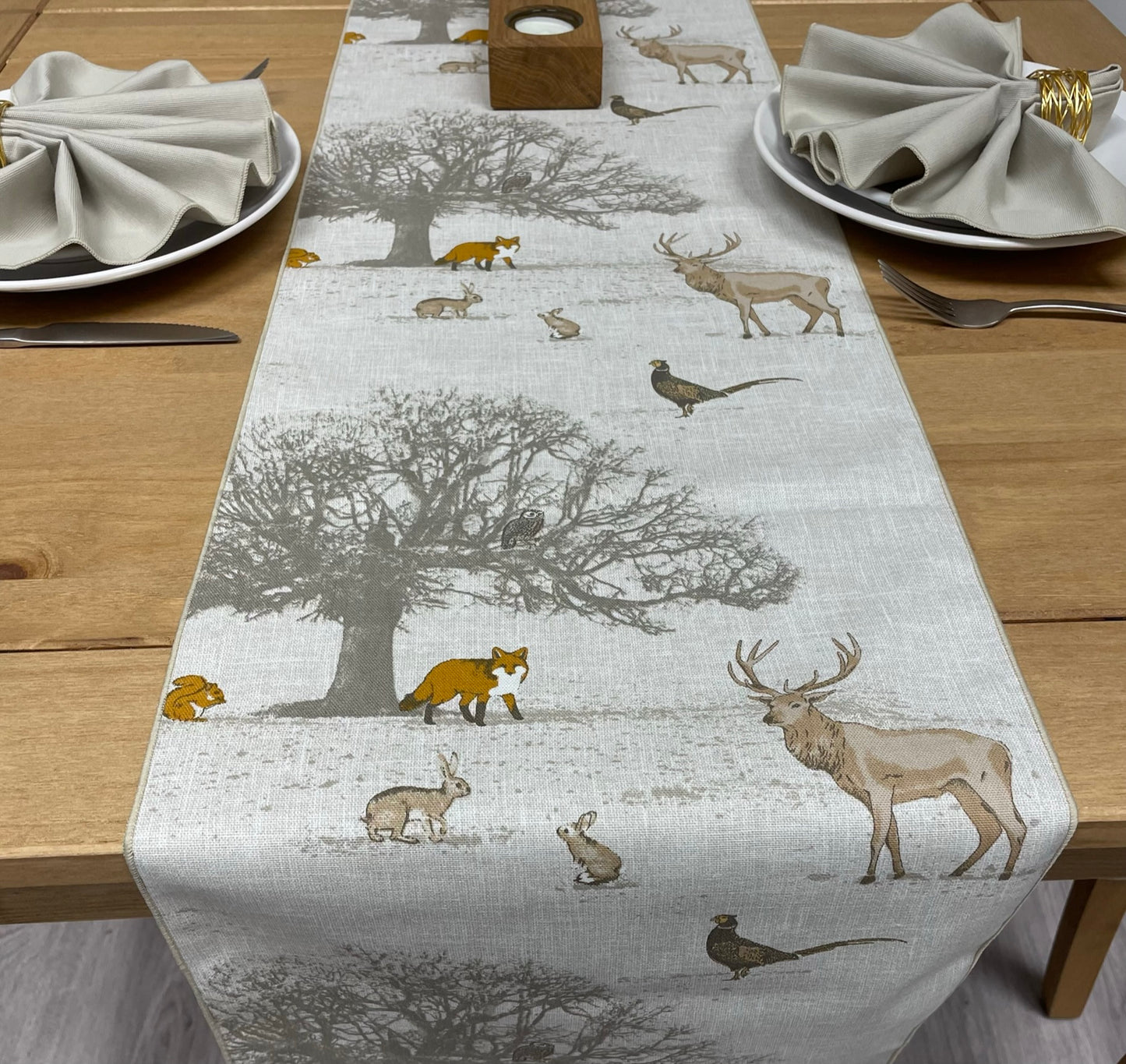 Woodland Animals Print Cotton Table Runner - Natural