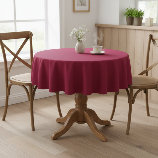 Raspberry Square tablecloth on a small kitchen table with turned wooden legs in a bright cosy UK home setting with flowers and tea