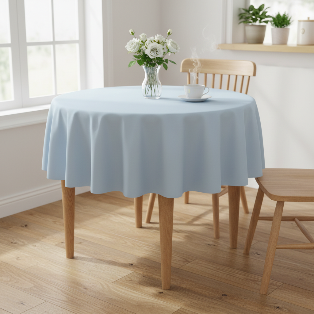 Baby blue Square tablecloth on a small kitchen table with turned wooden legs in a bright cosy UK home setting with flowers and tea