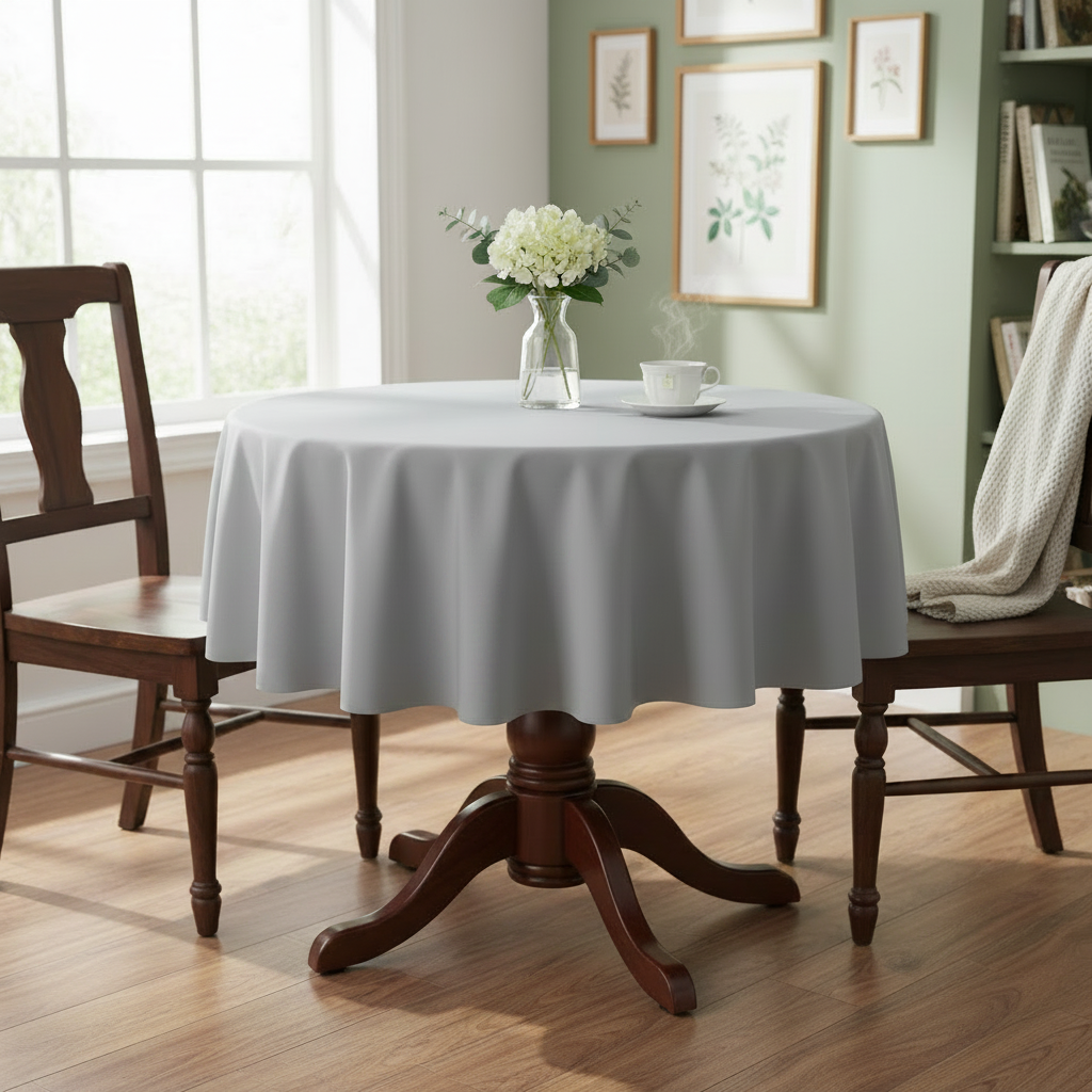 Silver grey Square tablecloth on a small kitchen table with simple wooden dining chairs in a bright cosy UK home setting with flowers and tea