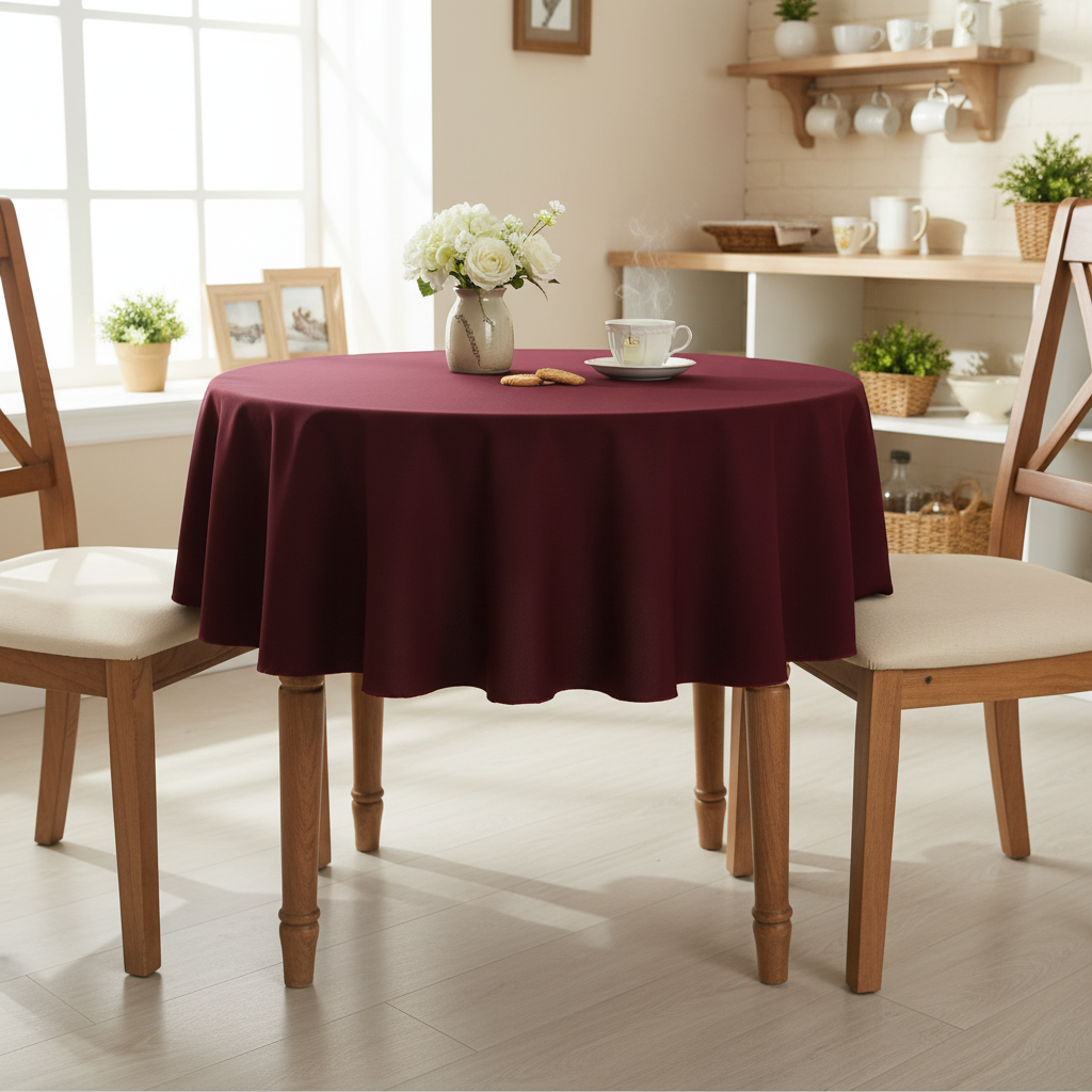 Dark burgundy Square tablecloth on a small kitchen table with turned wooden legs in a bright cosy UK home setting with flowers and tea