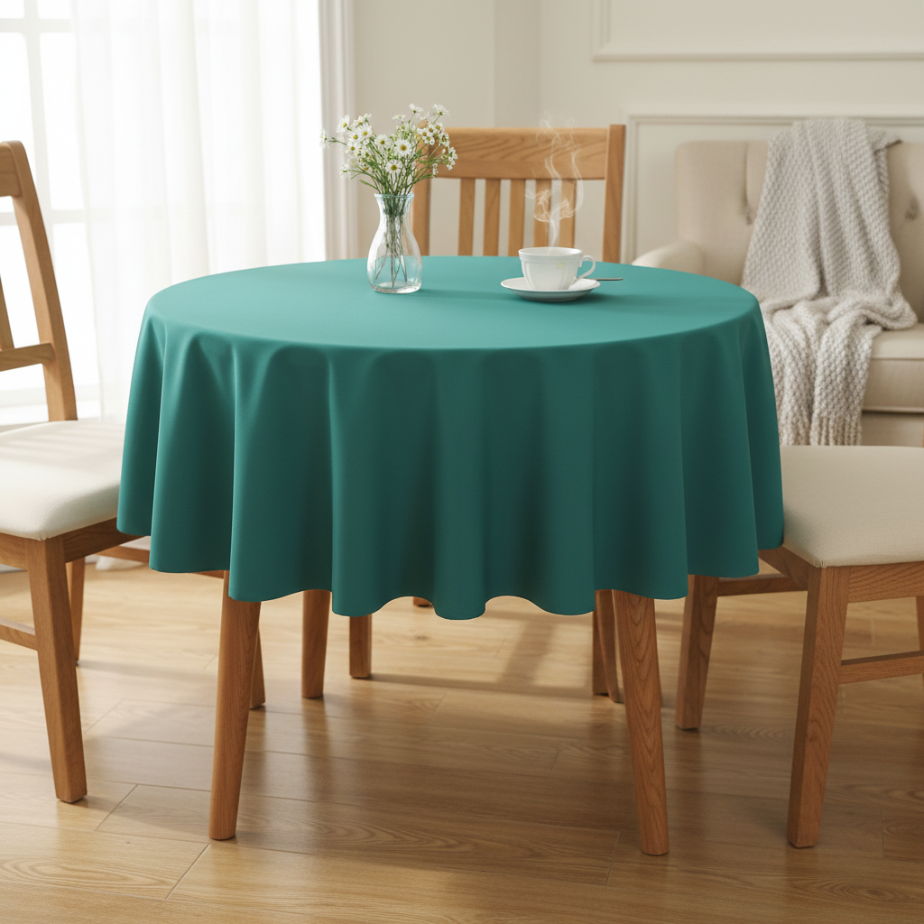 Jade green Square tablecloth on a small kitchen table with turned wooden legs in a bright cosy UK home setting with flowers and tea