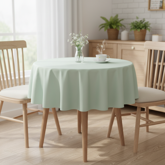 Mint green Square tablecloth on a small kitchen table with turned wooden legs in a bright cosy UK home setting with flowers and tea