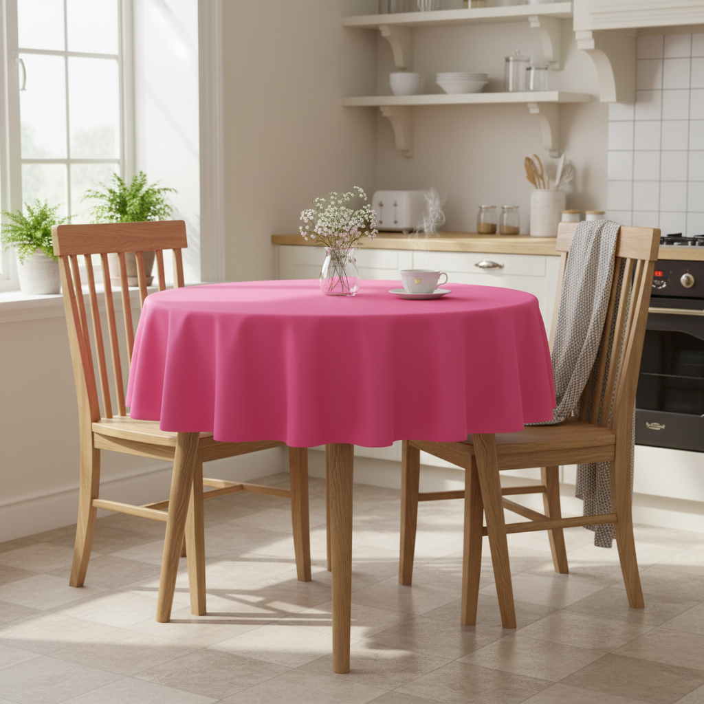 Hot pink Square tablecloth on a small kitchen table with turned wooden legs in a bright cosy UK home setting with flowers and tea