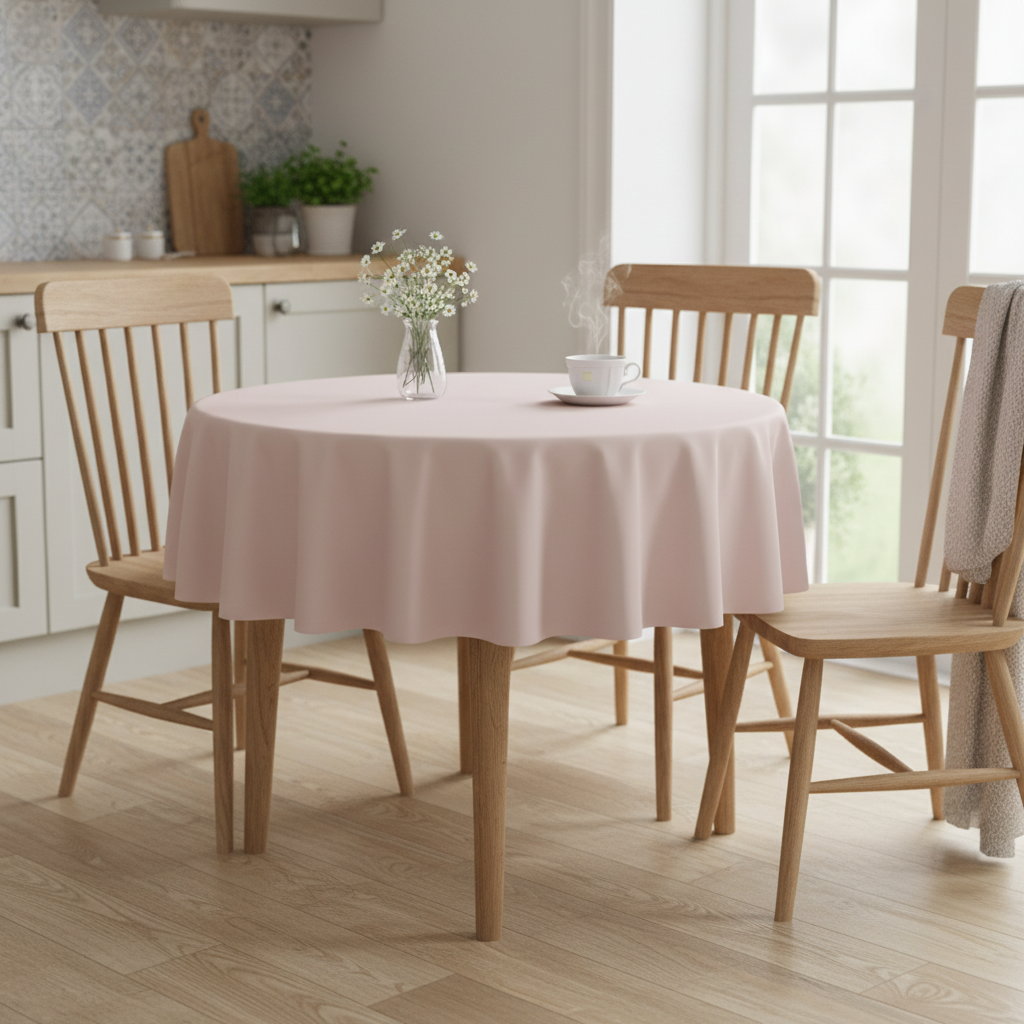 Blush pink Square tablecloth on a small kitchen table with turned wooden legs in a bright cosy UK home setting with flowers and tea