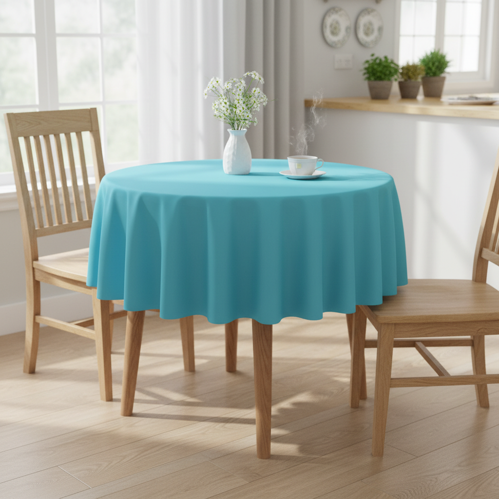 Turquoise Square tablecloth on a small kitchen table with simple wooden dining chairs in a bright cosy UK home setting with flowers and tea