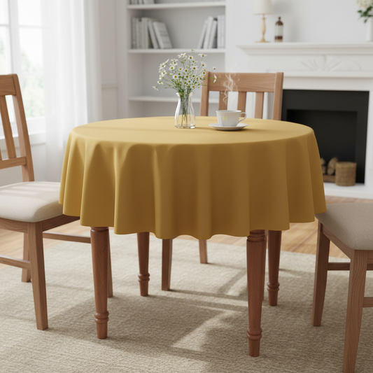 Mustard Square tablecloth on a small kitchen table with turned wooden legs in a bright cosy UK home setting with flowers and tea