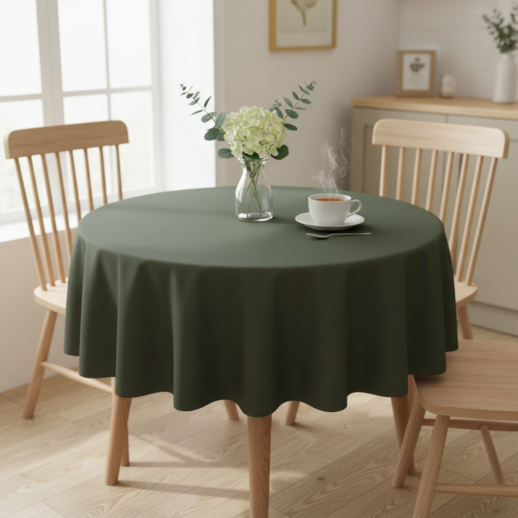 Dark olive Square tablecloth on a small kitchen table with turned wooden legs in a bright cosy UK home setting with flowers and tea