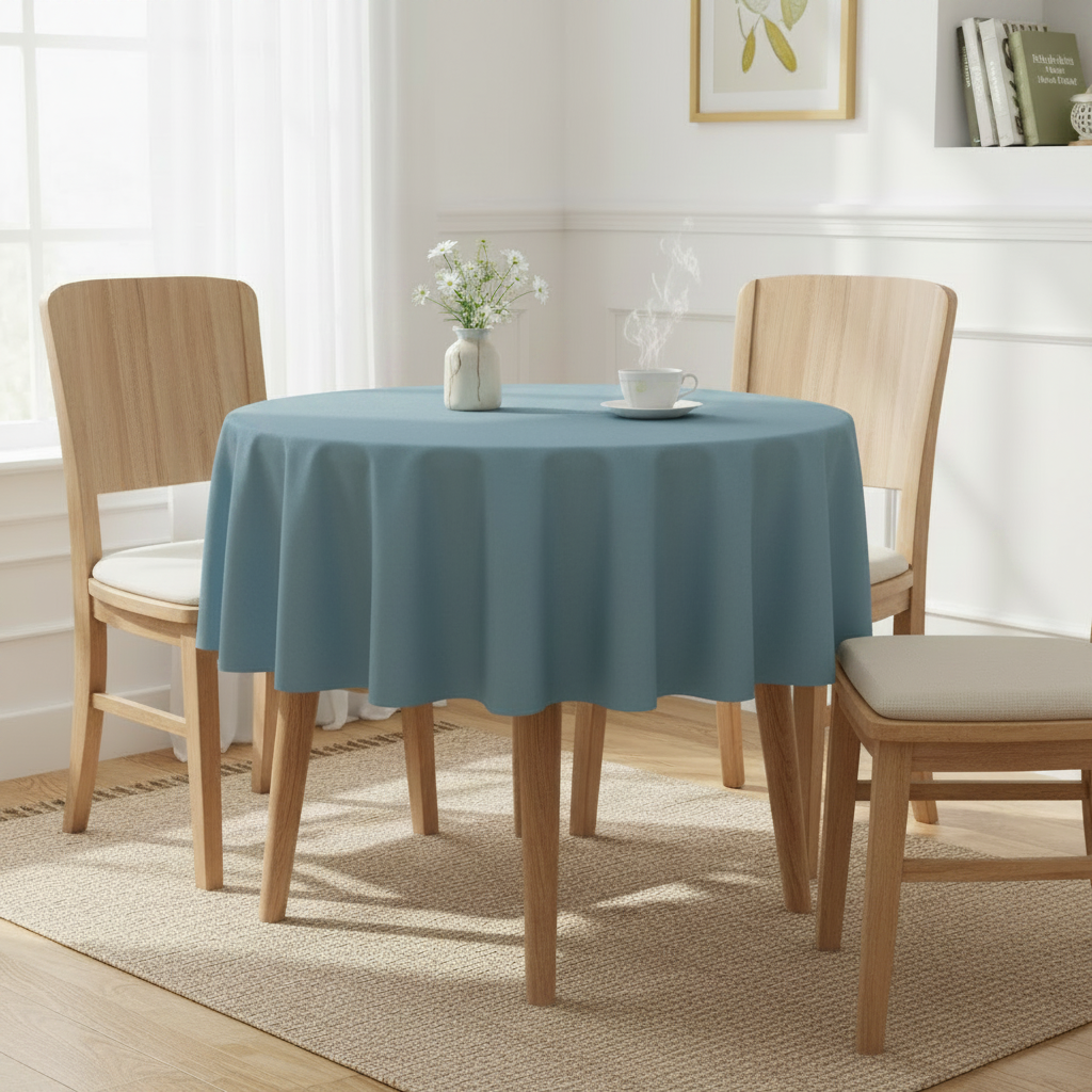 Dusky blue Square tablecloth on a small kitchen table with turned wooden legs in a bright cosy UK home setting with flowers and tea