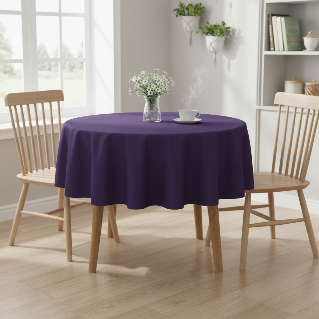 Purple Square tablecloth on a small kitchen table with turned wooden legs in a bright cosy UK home setting with flowers and tea