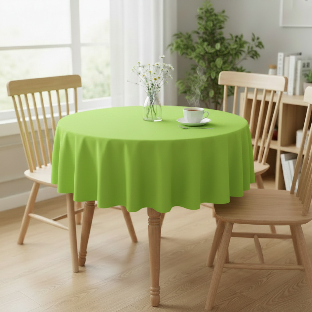 Lime green Square tablecloth on a small kitchen table with turned wooden legs in a bright cosy UK home setting with flowers and tea