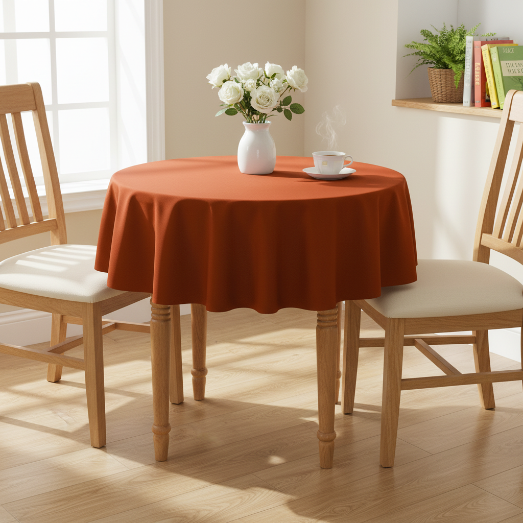Rust Square tablecloth on a small kitchen table with turned wooden legs in a bright cosy UK home setting with flowers and tea
