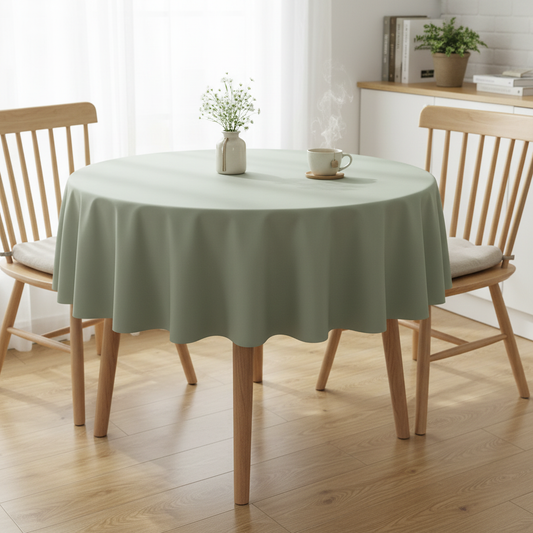 Sage green Square tablecloth on a small kitchen table with turned wooden legs in a bright cosy UK home setting with flowers and tea