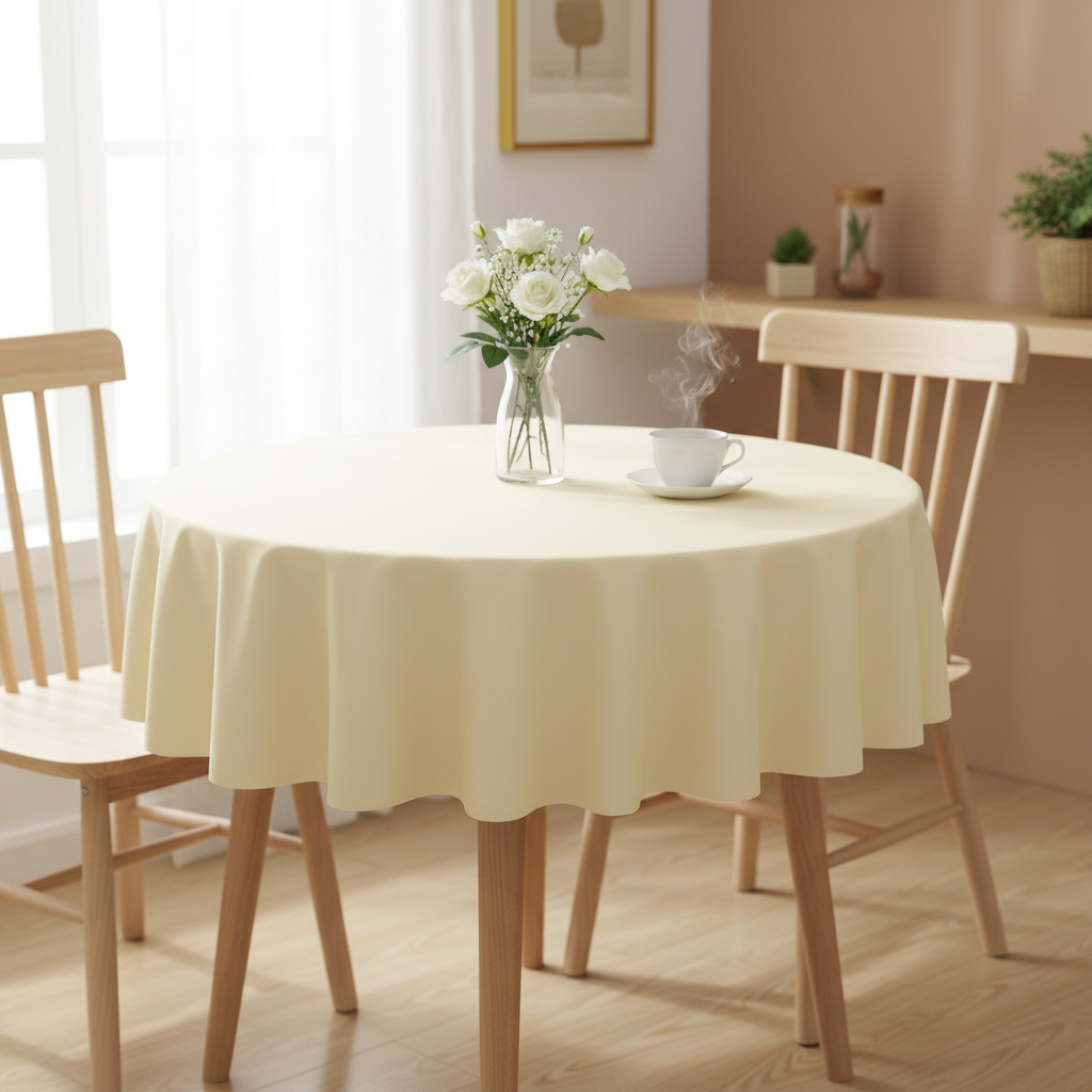 Vanilla Square tablecloth on a small kitchen table with simple wooden dining chairs in a bright cosy UK home setting with flowers and tea