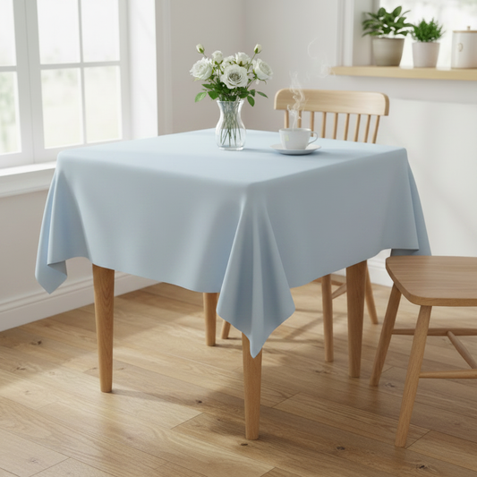 Baby blue square tablecloth on a small square kitchen table with simple wooden dining chairs in a bright cosy UK home setting with flowers and tea