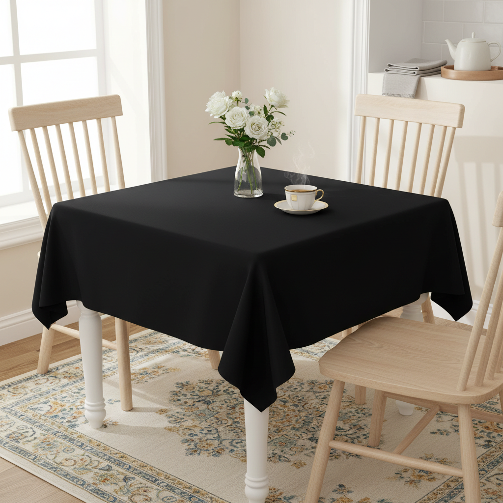 Black square tablecloth on a small square kitchen table with simple wooden dining chairs in a bright cosy UK home setting with flowers and tea