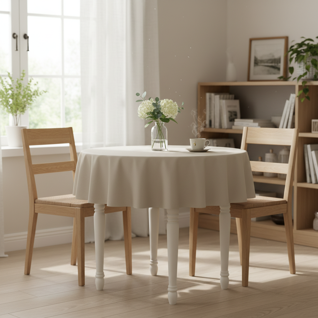 Stone Square tablecloth on a small kitchen table with simple wooden dining chairs in a bright cosy UK home setting with flowers and tea