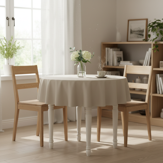 Stone Square tablecloth on a small kitchen table with simple wooden dining chairs in a bright cosy UK home setting with flowers and tea