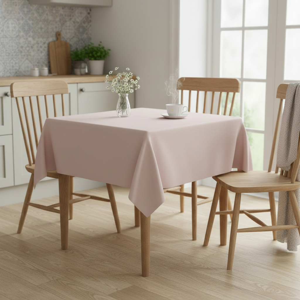 Blush pink square tablecloth on a small square kitchen table with simple wooden dining chairs in a bright cosy UK home setting with flowers and tea