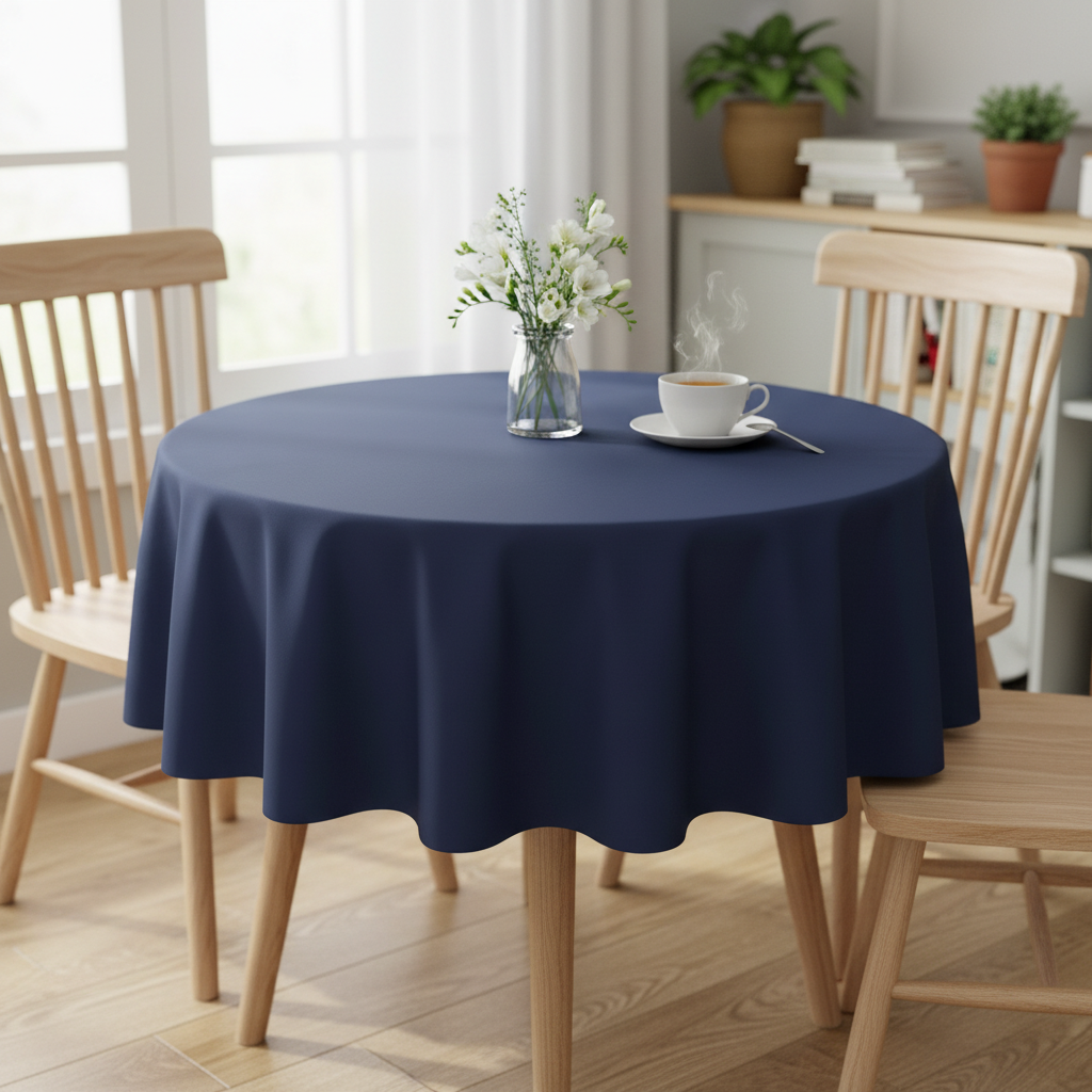 Navy Square tablecloth on a small kitchen table with turned wooden legs in a bright cosy UK home setting with flowers and tea