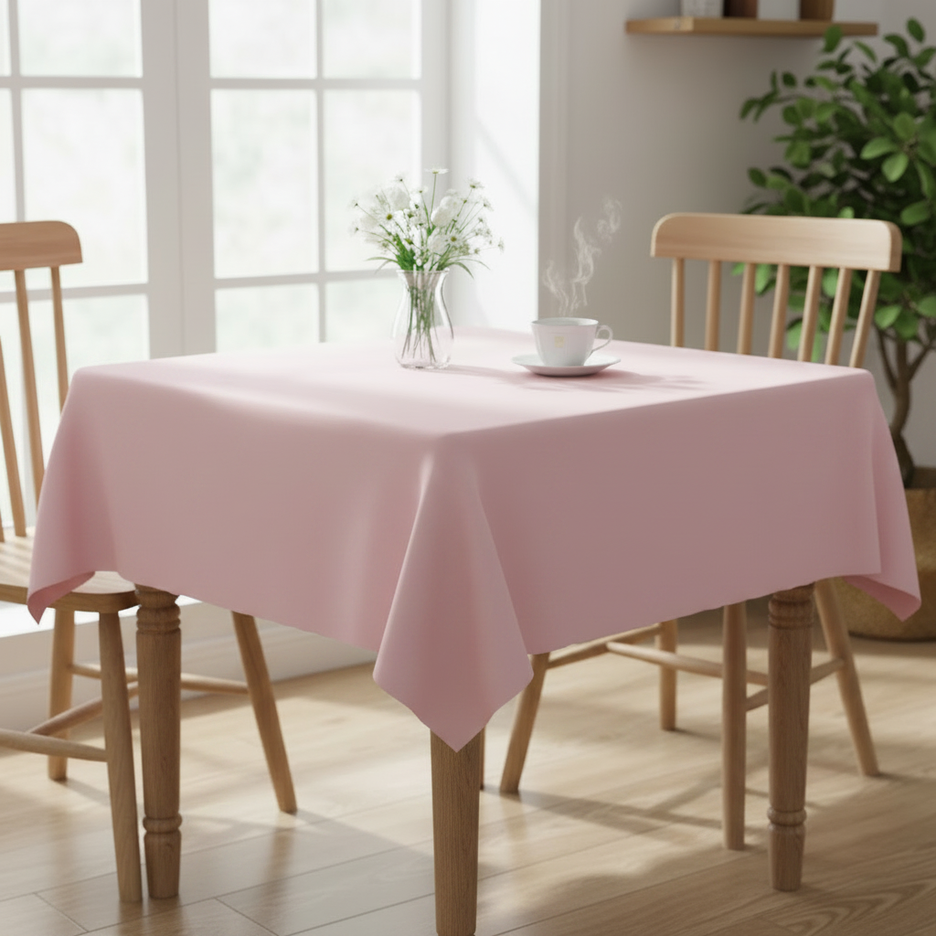 Baby pink square tablecloth on a small square kitchen table with simple wooden dining chairs in a bright cosy UK home setting with flowers and tea