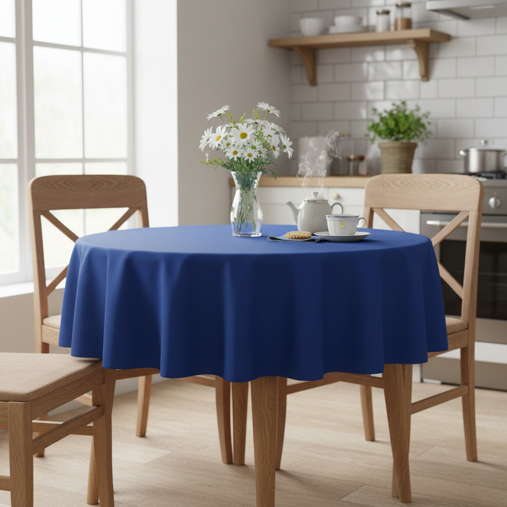 Royal blue Square tablecloth on a small kitchen table with turned wooden legs in a bright cosy UK home setting with flowers and tea