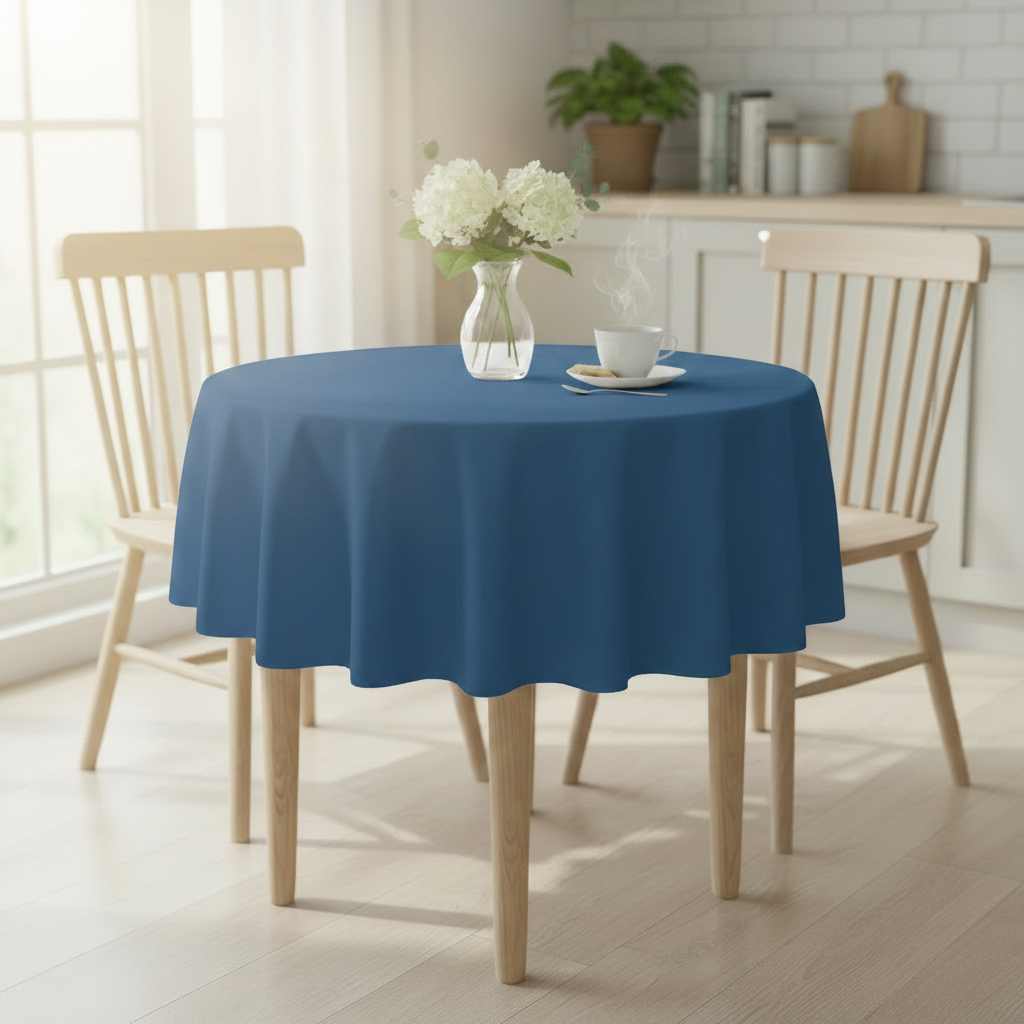 Airforce blue round tablecloth on a small kitchen table with turned wooden legs in a bright cosy UK home setting with flowers and tea