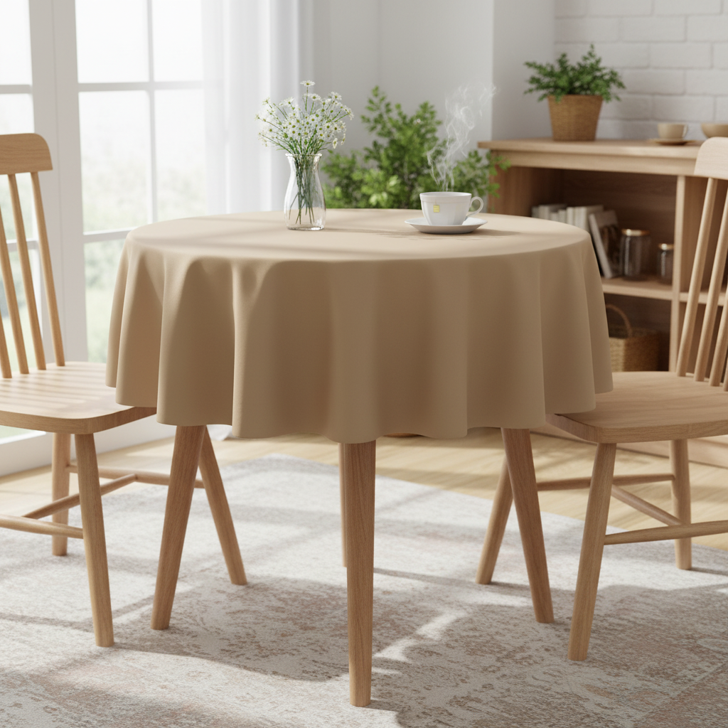 Camel Square tablecloth on a small kitchen table with turned wooden legs in a bright cosy UK home setting with flowers and tea