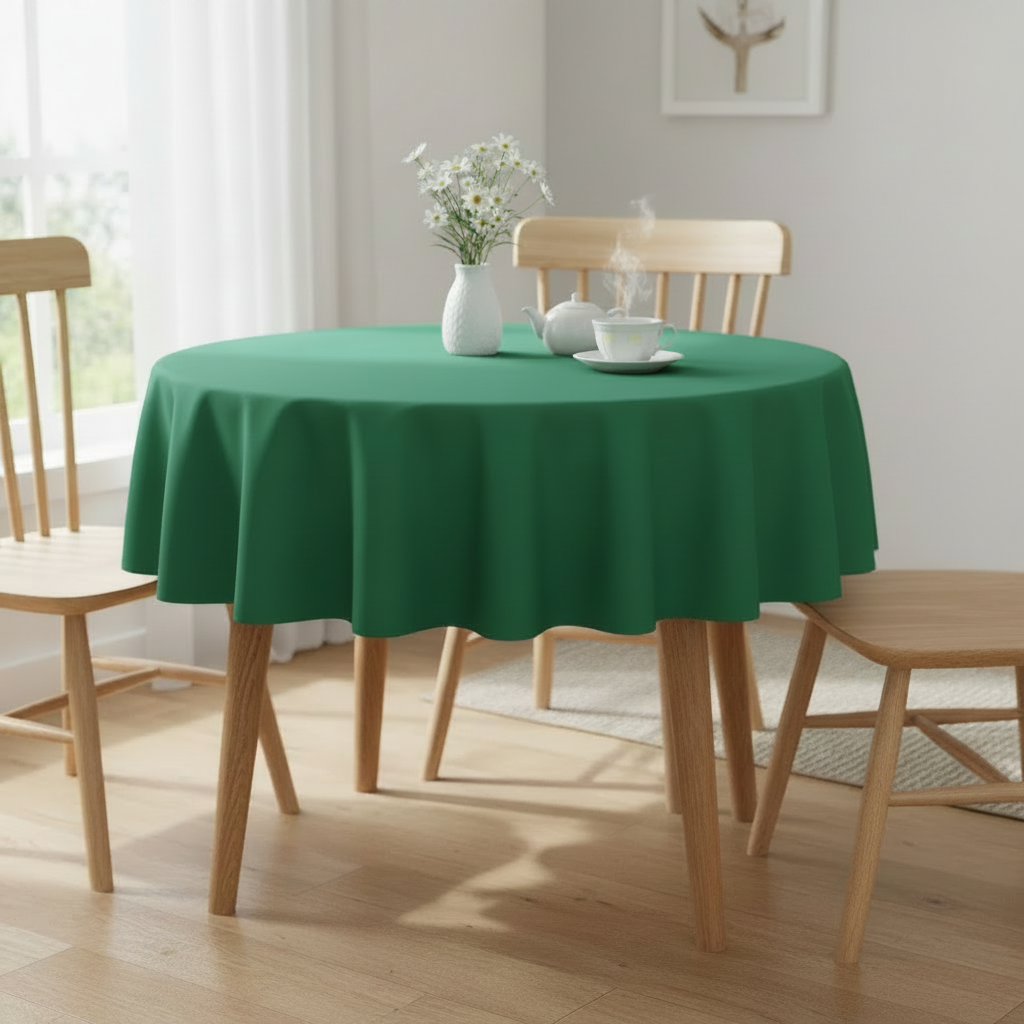 Emerald green Square tablecloth on a small kitchen table with turned wooden legs in a bright cosy UK home setting with flowers and tea