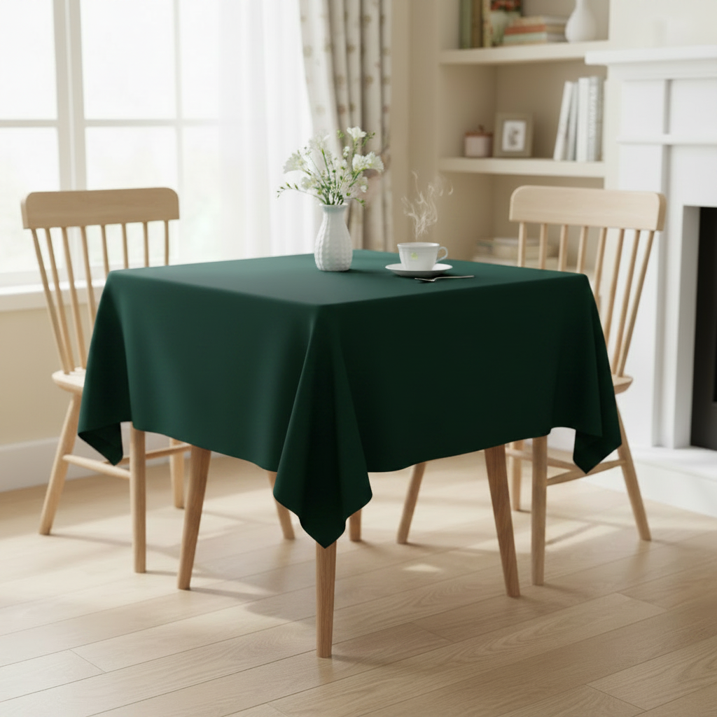 Bottle green square tablecloth draped over a small square dining table with light wood spindle chairs in a bright airy UK home interior