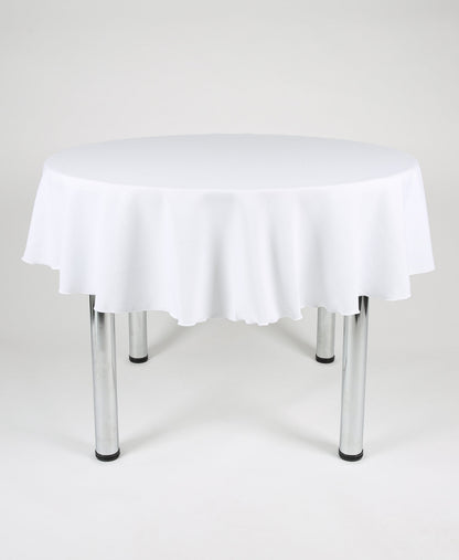 Round tablecloth in white made from durable polyester fabric.