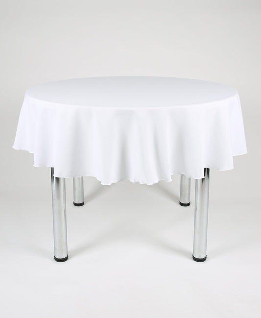 Round tablecloth in white made from durable polyester fabric.