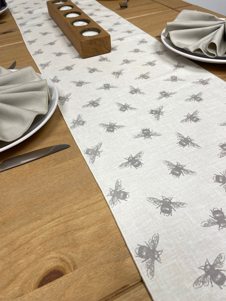Bee Printed Cotton Table Runner in Grey and Natural Shades