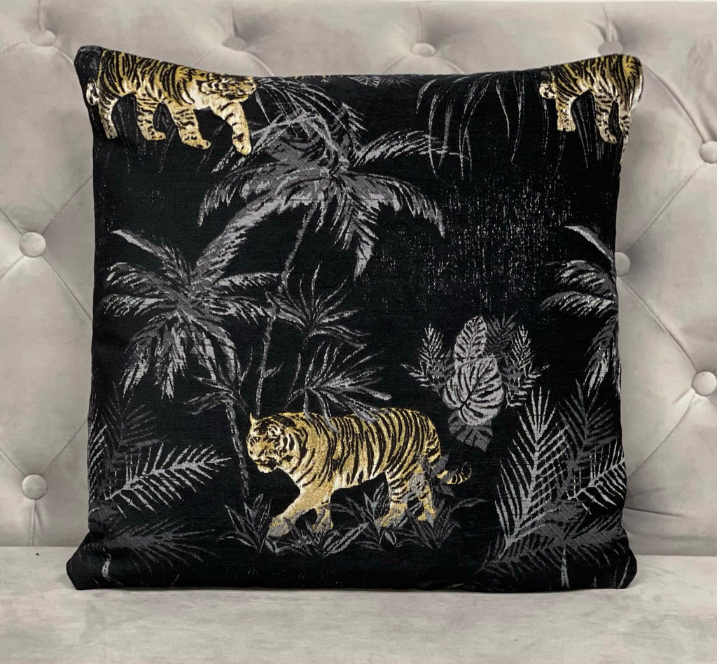 Bengal Tiger Black Cushion Cover with silver palm trees