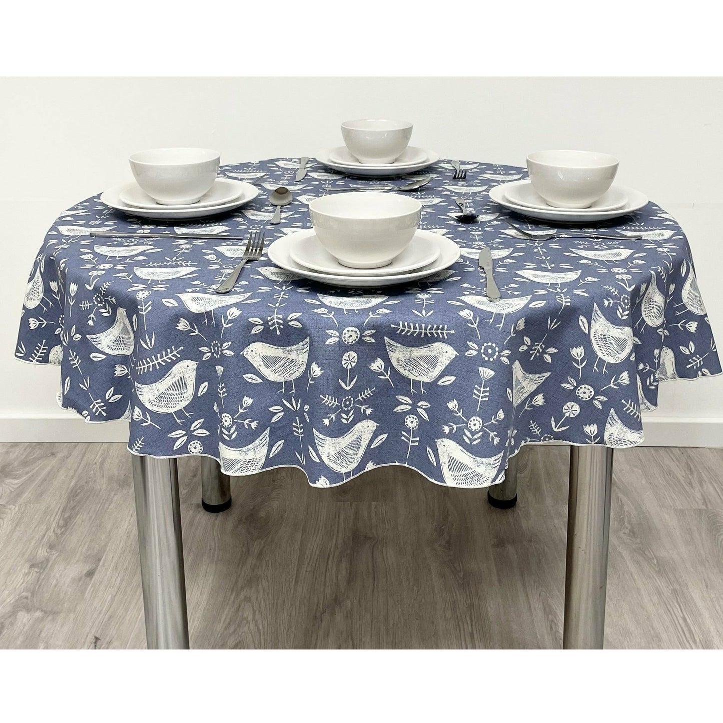 Round Cotton Tablecloth - Blue Scandinavian Bird Print.