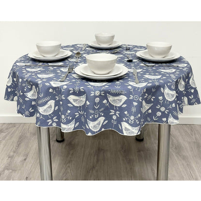 Round Cotton Tablecloth - Blue Scandinavian Bird Print.