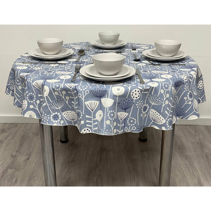 Round Cotton Tablecloth - Blue Scandinavian Bergen Floral Print