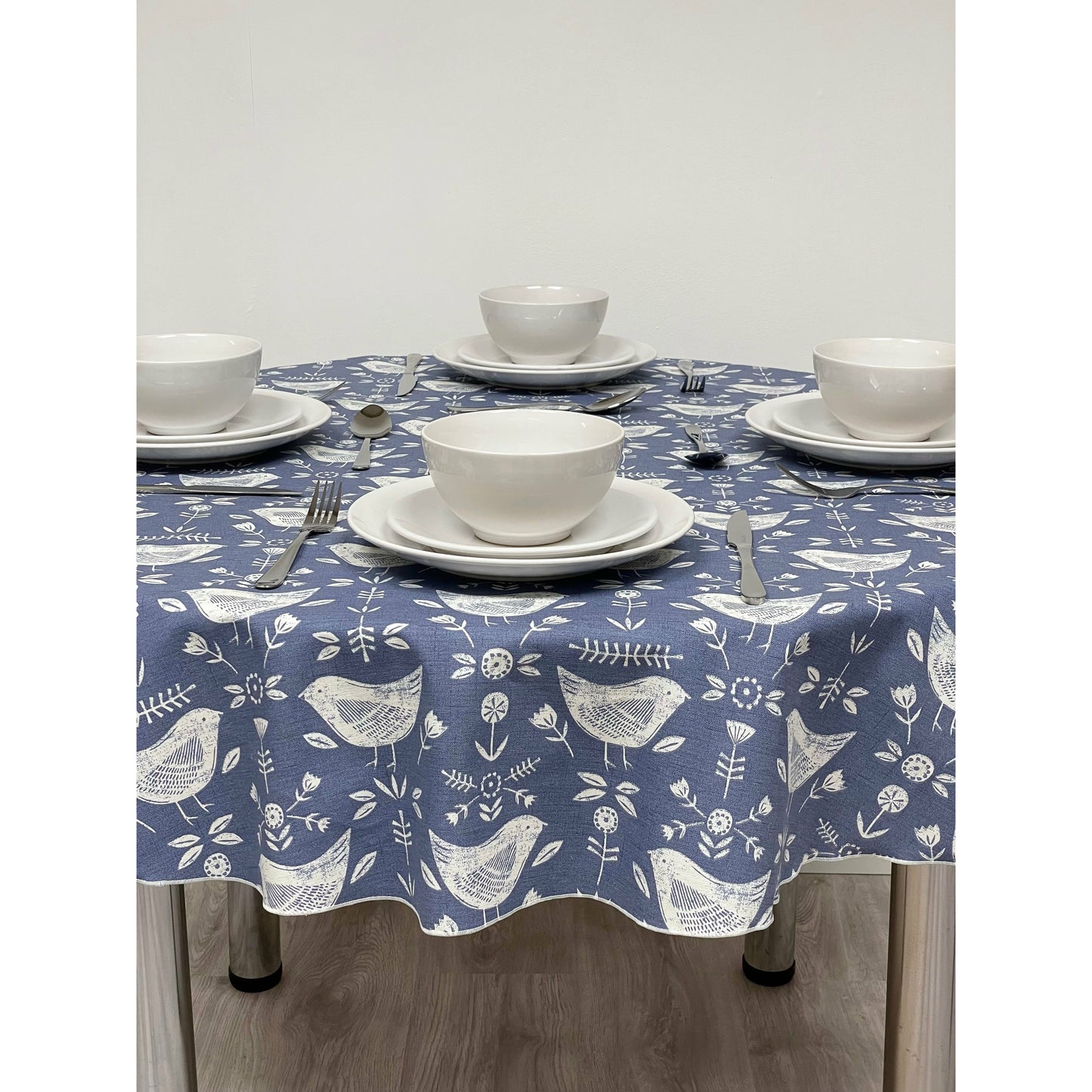 Round Cotton Tablecloth - Blue Scandinavian Bird Print.