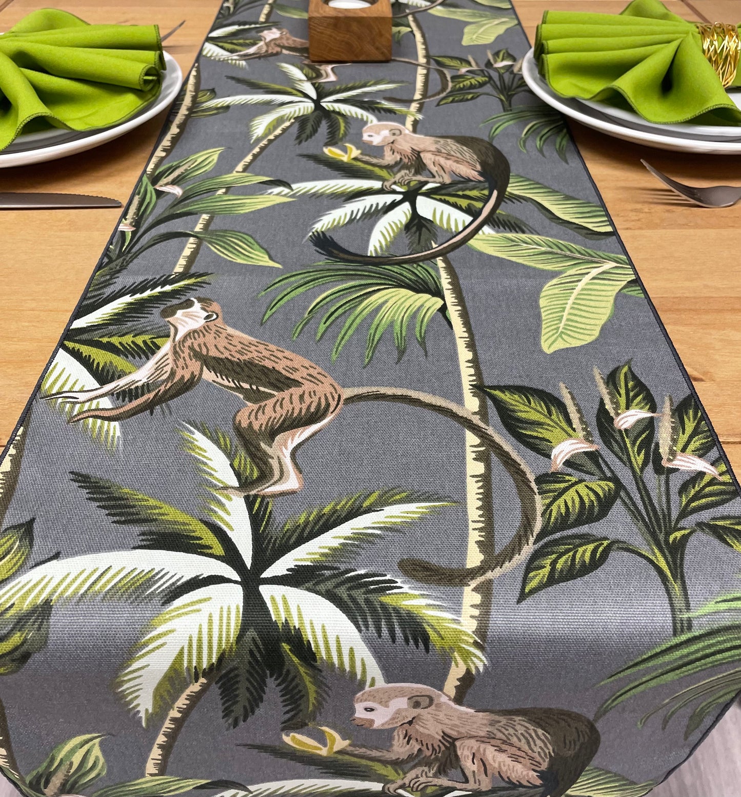 Monkey Print Cotton Table Runner - Grey