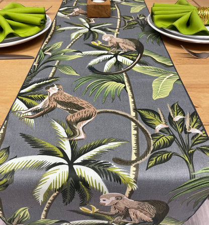 Monkey Print Cotton Table Runner - Grey
