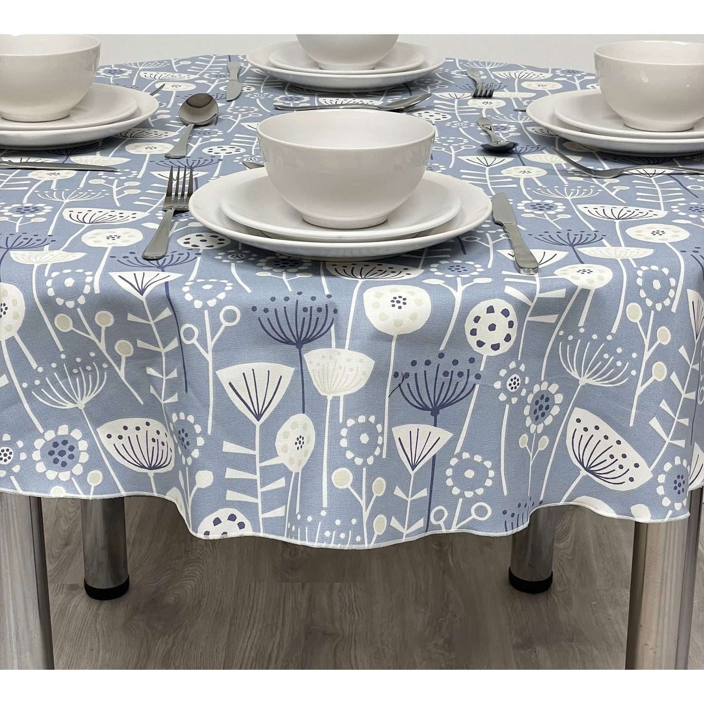Round Cotton Tablecloth - Blue Scandinavian Bergen Floral Print